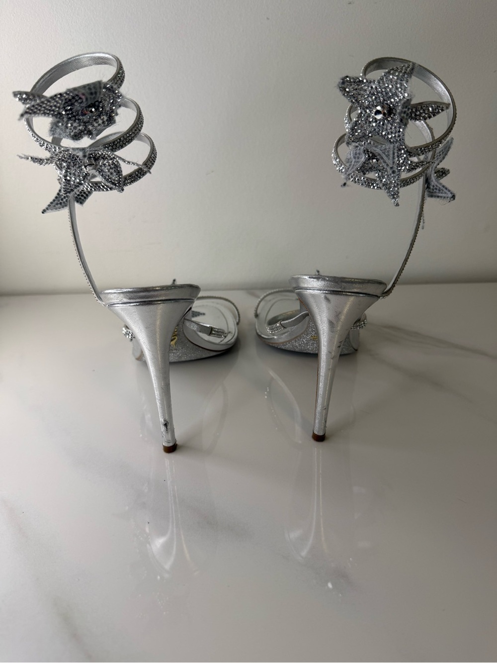 René Caovilla Cleo Star Silver Crystal Spiral Heels Sandals - Picture 10 of 13